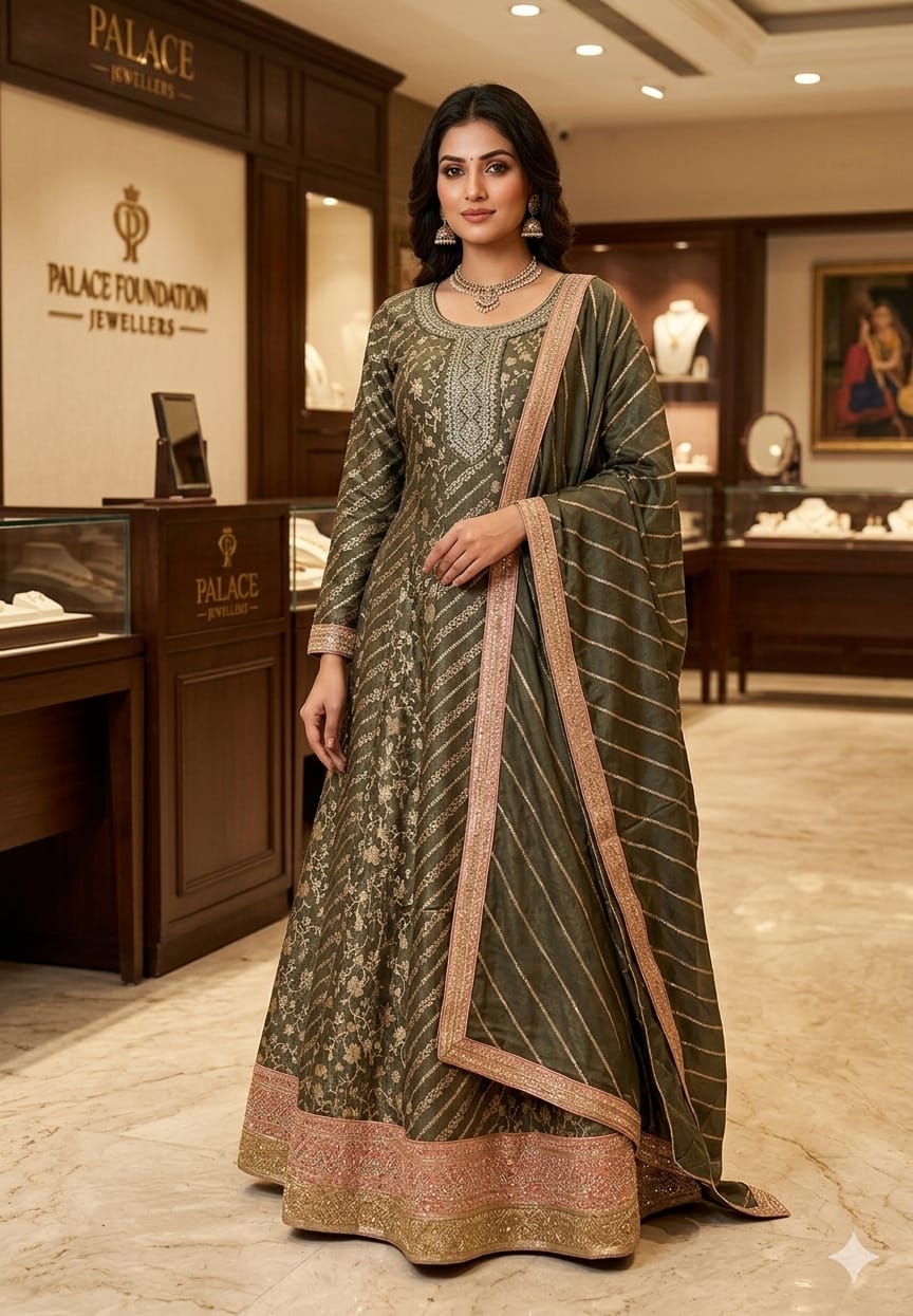 Olive Gold Banarasi Brocade Anarkali Gown Set