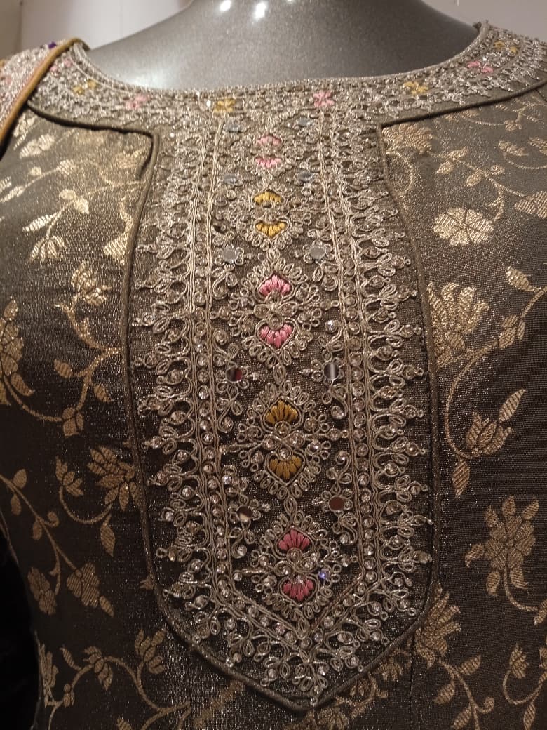 Olive Gold Banarasi Brocade Anarkali Gown Set
