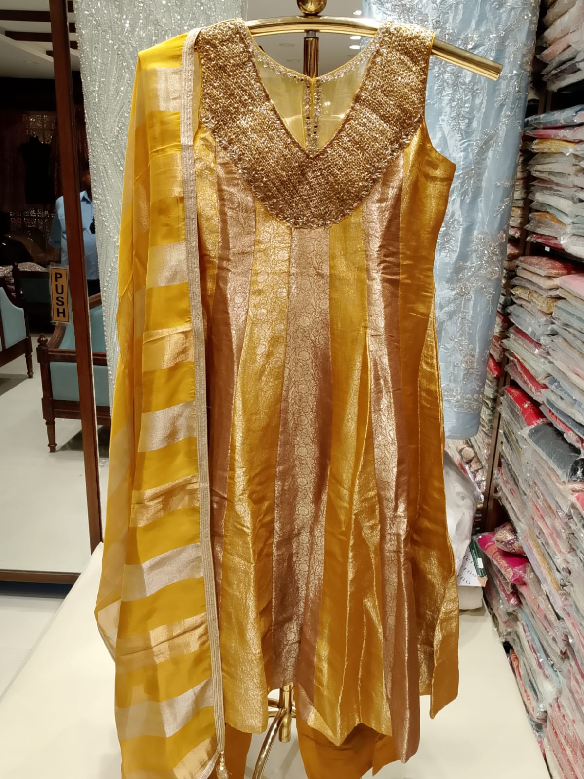 Mustard Gold Banarasi Silk Anarkali Suit Set