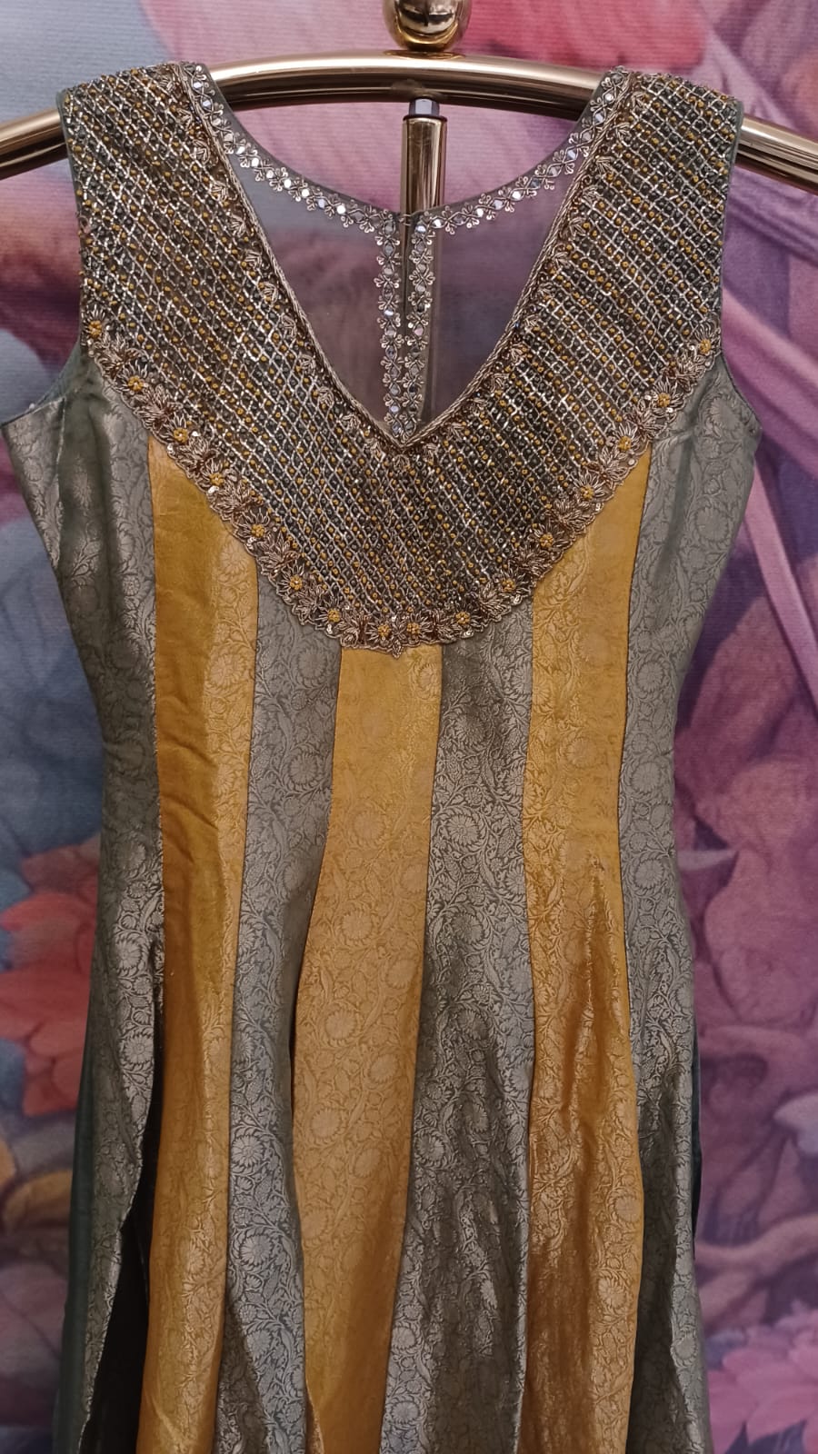 Olive Green & Gold Paneled High-Low Anarkali with Dhoti Pants Set