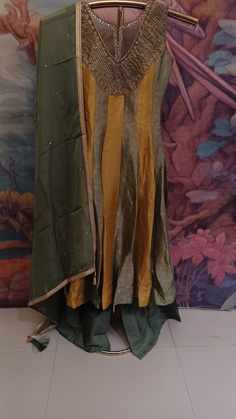 Olive Green & Gold Paneled High-Low Anarkali with Dhoti Pants Set