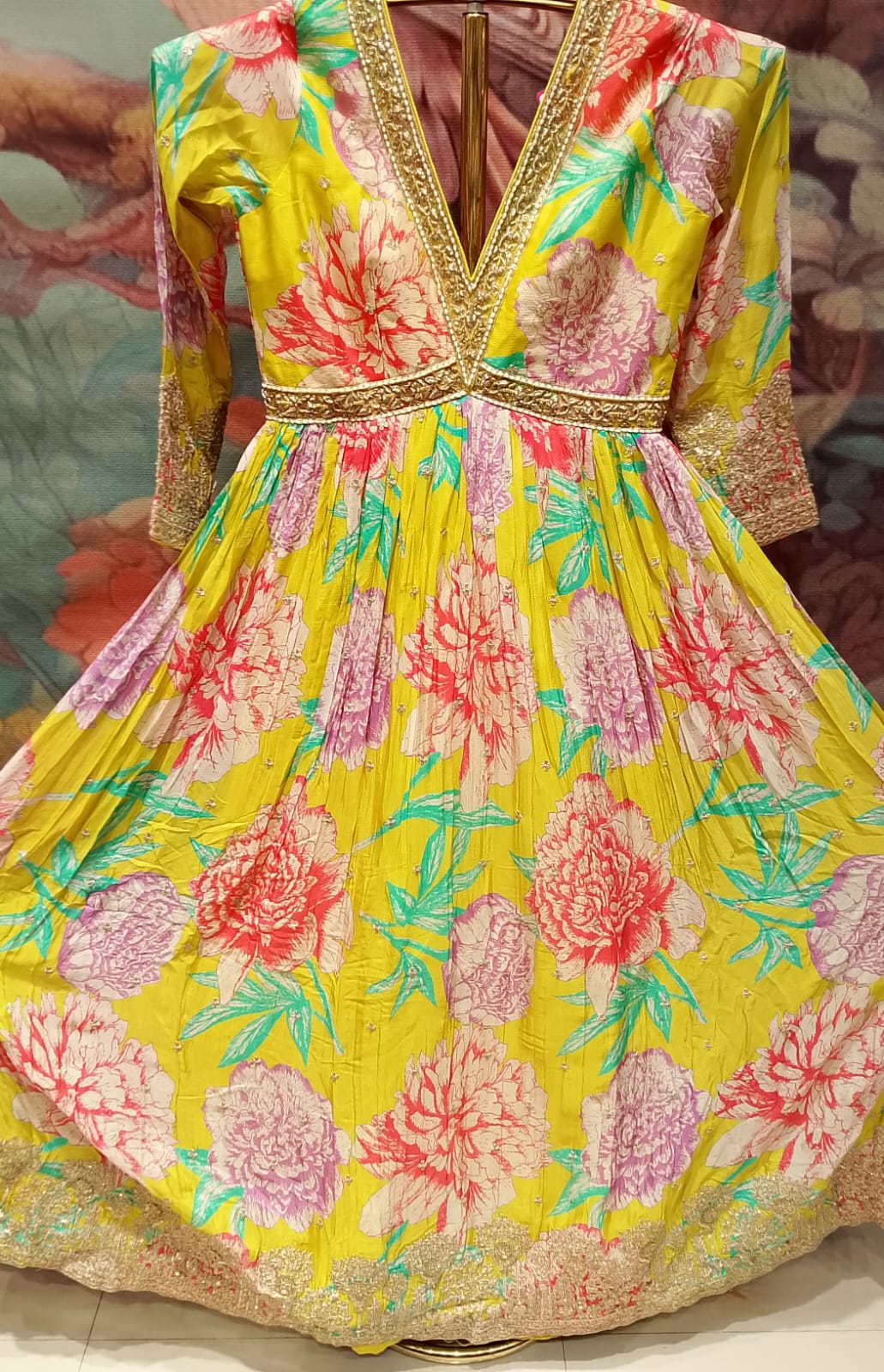 Marigold Yellow Floral Pleated Anarkali Gown Suit