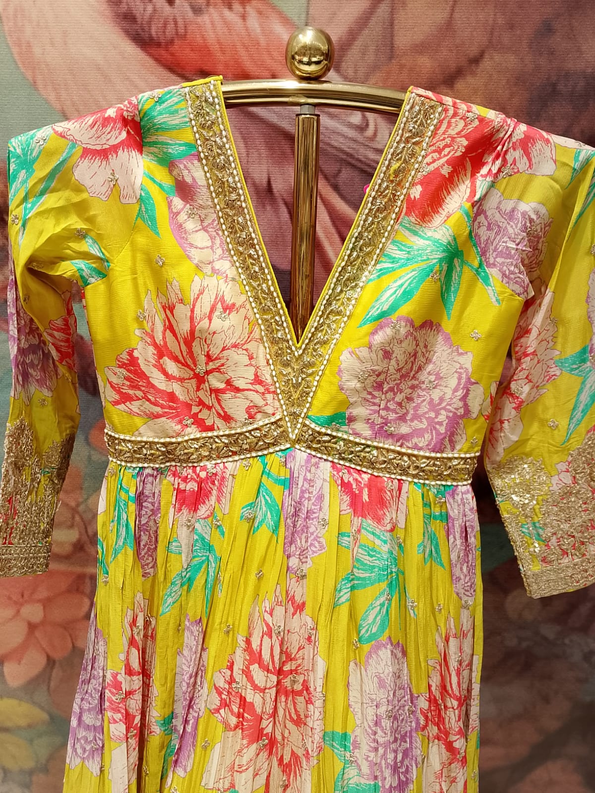 Marigold Yellow Floral Pleated Anarkali Gown Suit
