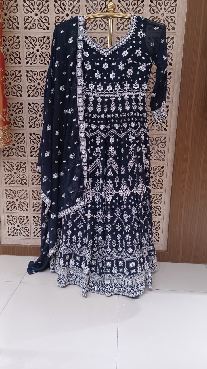 Midnight Navy Chikankari & Mirror-Work Anarkali Gown Set