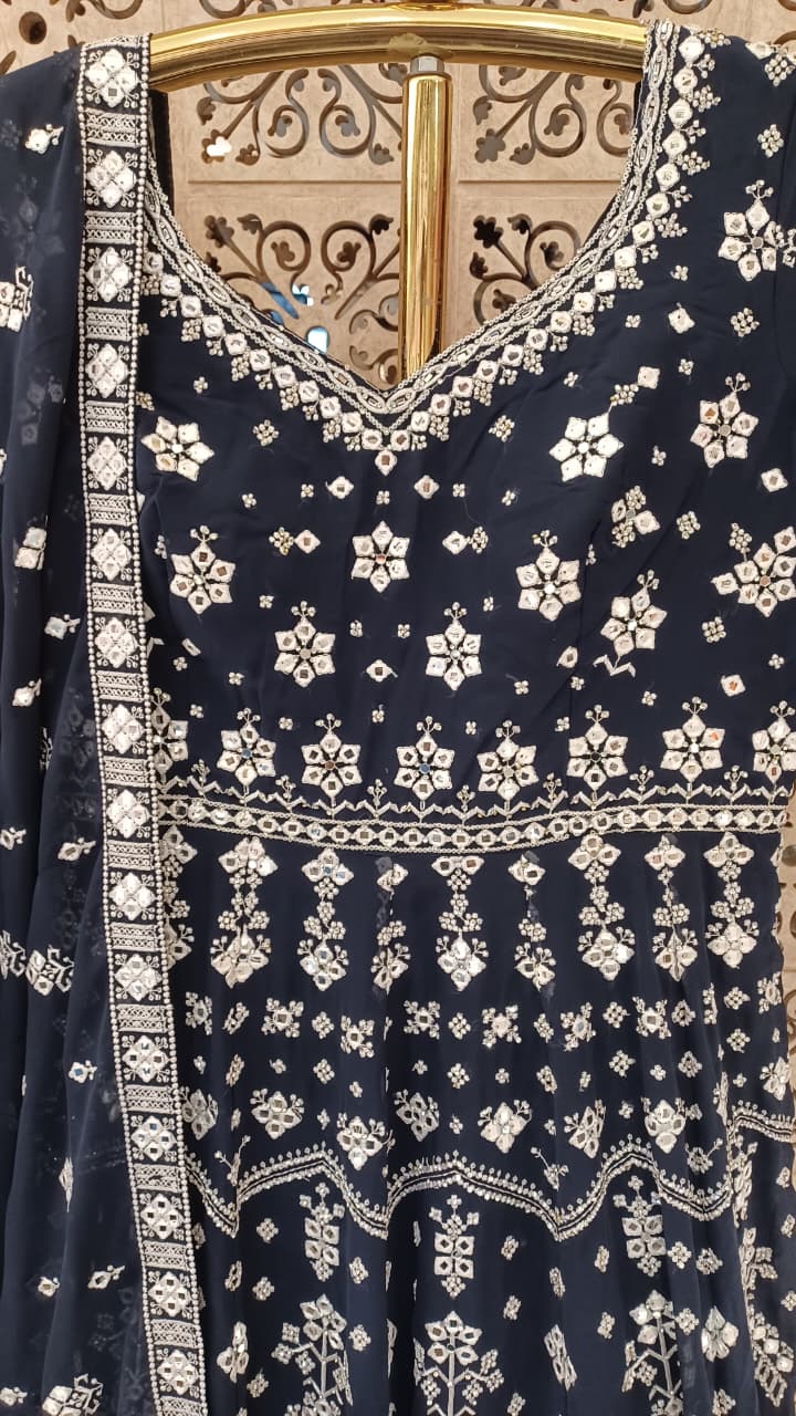 Midnight Navy Chikankari & Mirror-Work Anarkali Gown Set