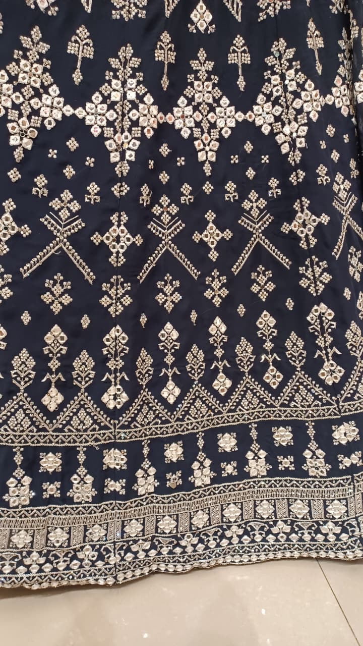 Midnight Navy Chikankari & Mirror-Work Anarkali Gown Set