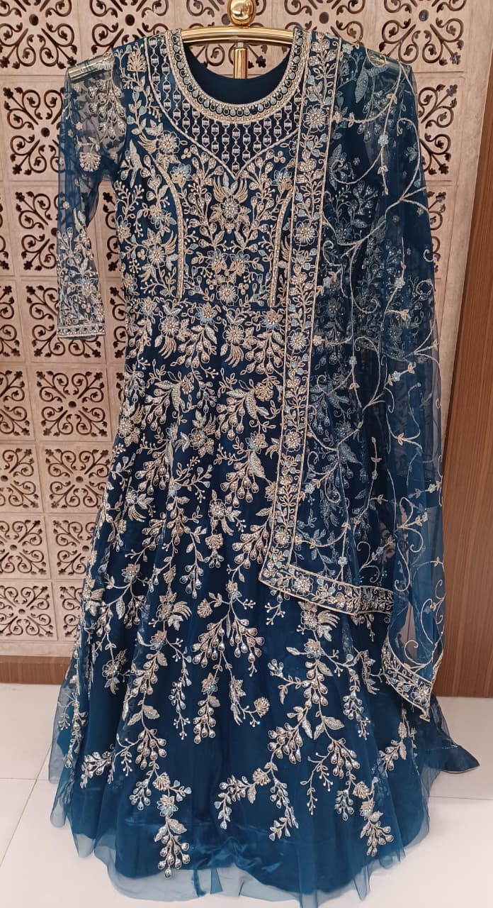 Royal Peacock Blue Heavily Embroidered Net Gown Set