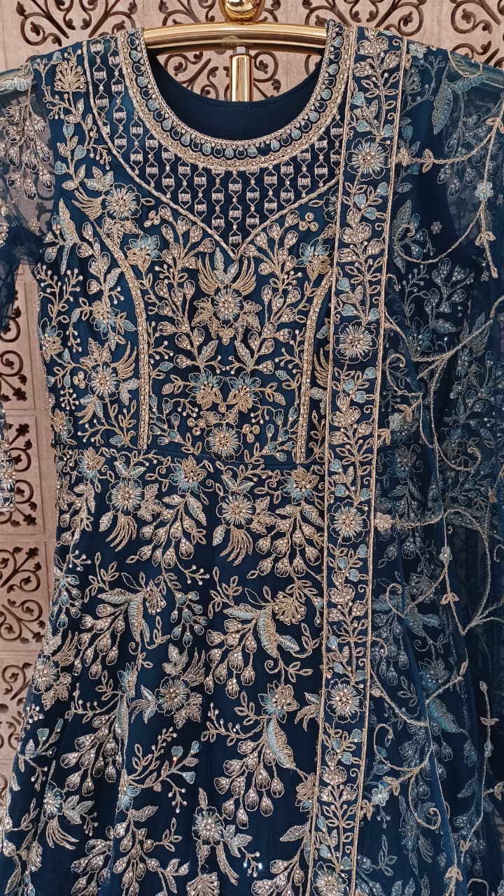 Royal Peacock Blue Heavily Embroidered Net Gown Set