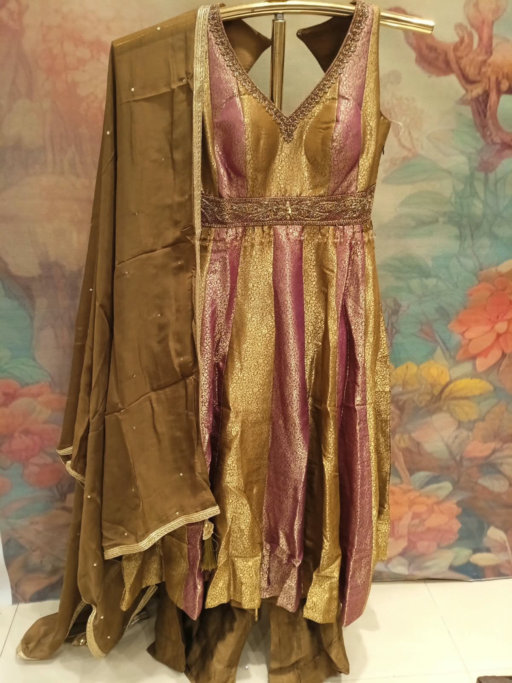 Olive Gold & Mauve Dual-Tone Tissue Silk Anarkali Palazzo Set