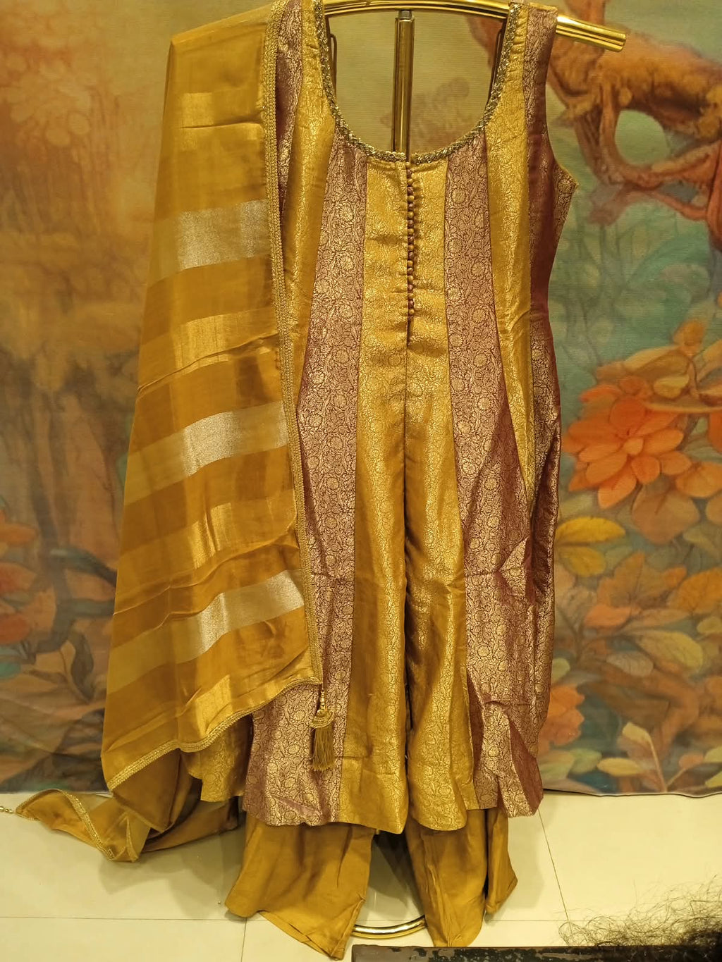 Mustard Gold & Rose-Gold Brocade Panel Anarkali Palazzo Set