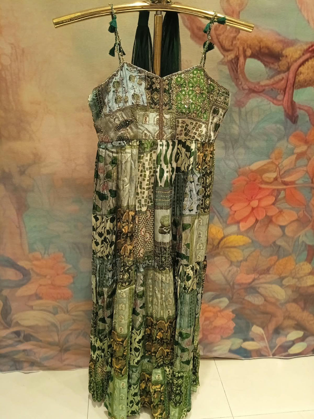 Sage & Olive Green Patchwork Embroidered Strappy Anarkali Gown Set