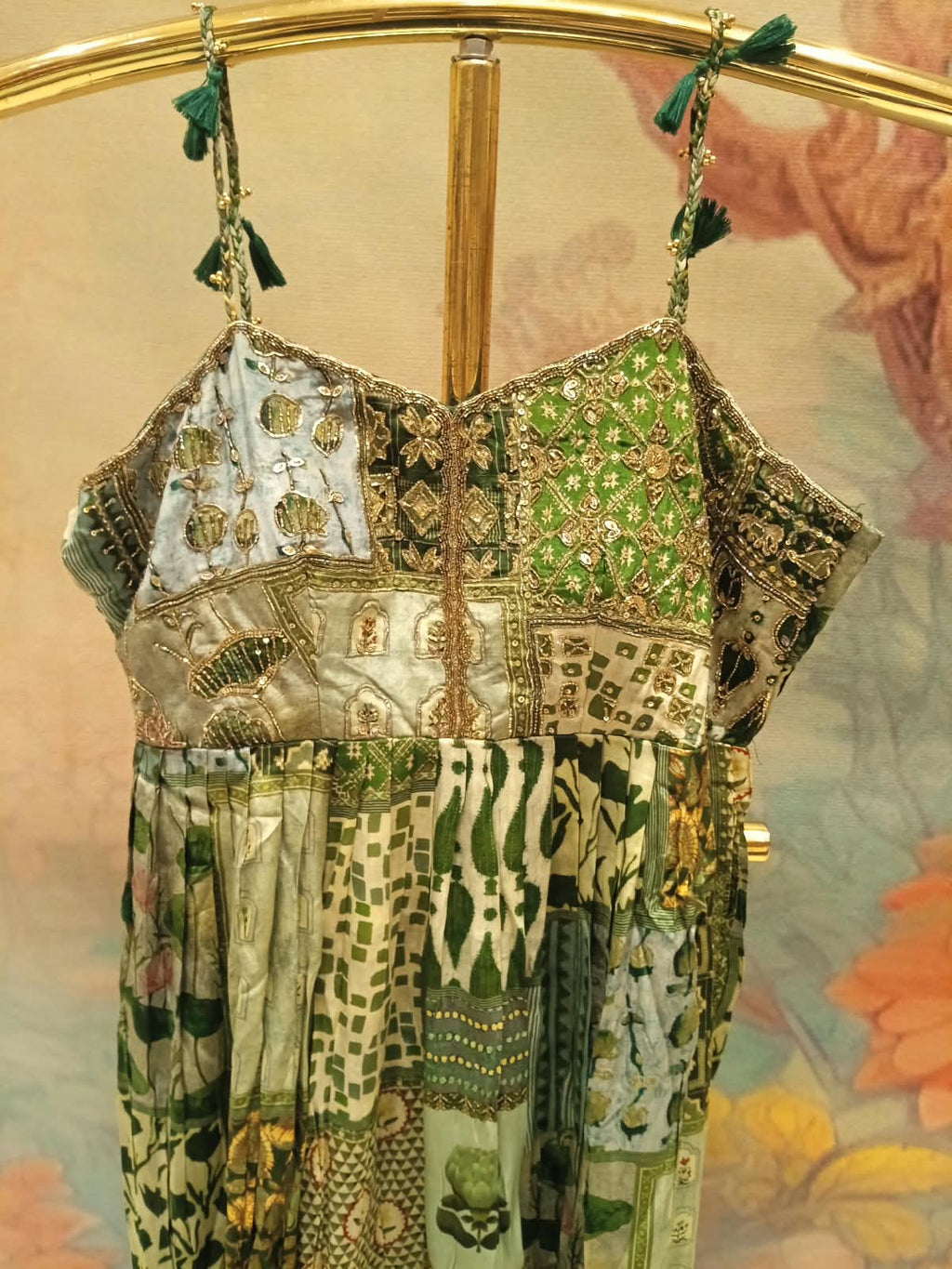 Sage & Olive Green Patchwork Embroidered Strappy Anarkali Gown Set