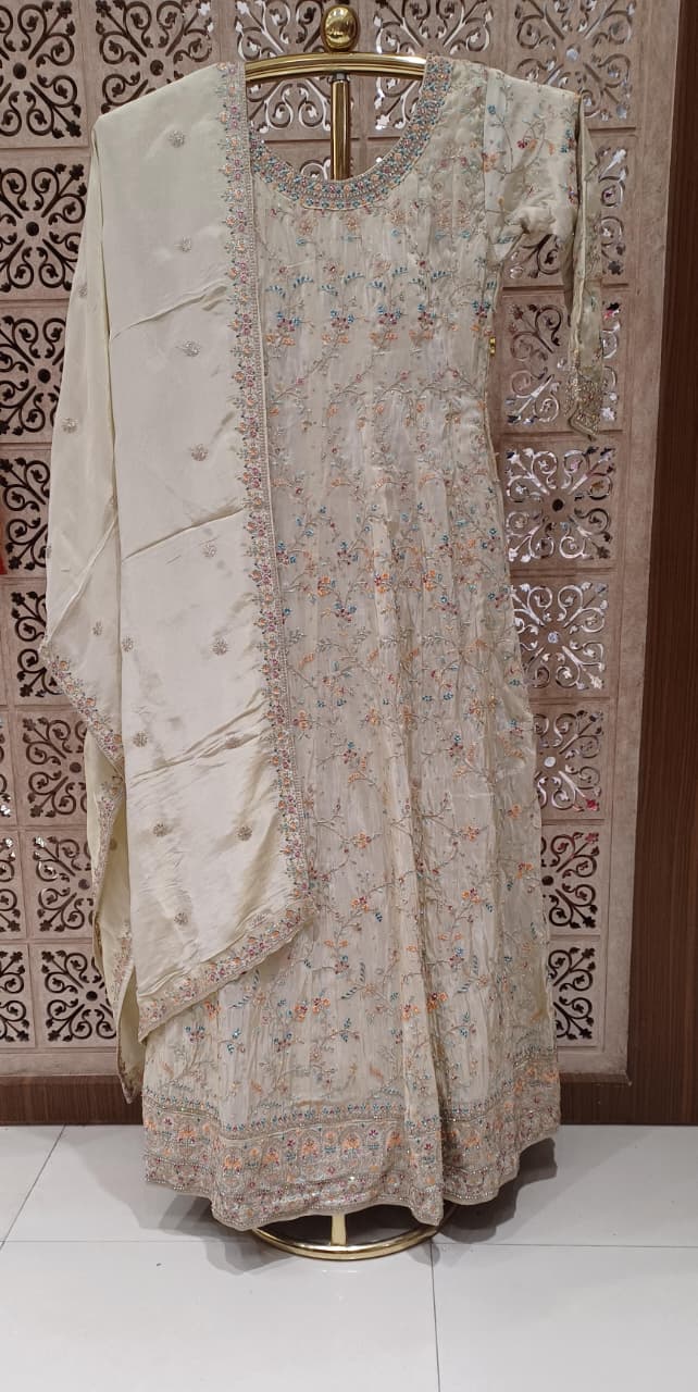 Ivory Cream Pastel Floral Embroidered Anarkali Gown Set