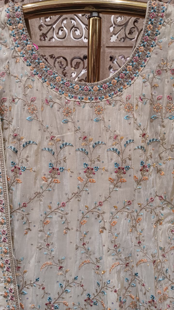 Ivory Cream Pastel Floral Embroidered Anarkali Gown Set