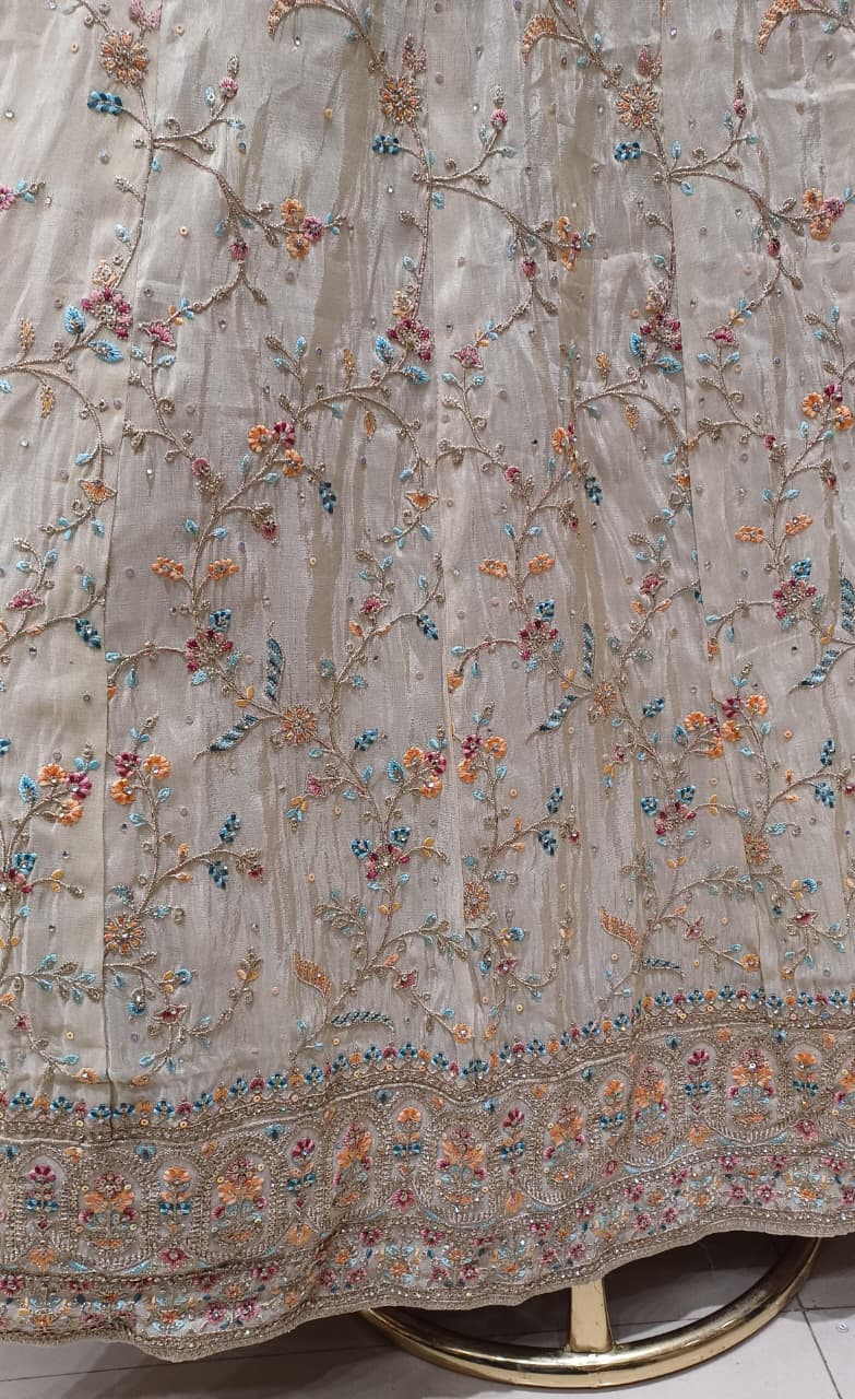 Ivory Cream Pastel Floral Embroidered Anarkali Gown Set