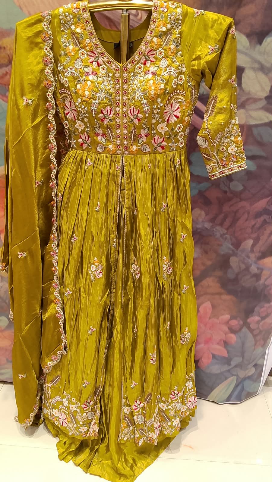 Olive Mustard Front-Slit Anarkali Kurta & Sharara Set