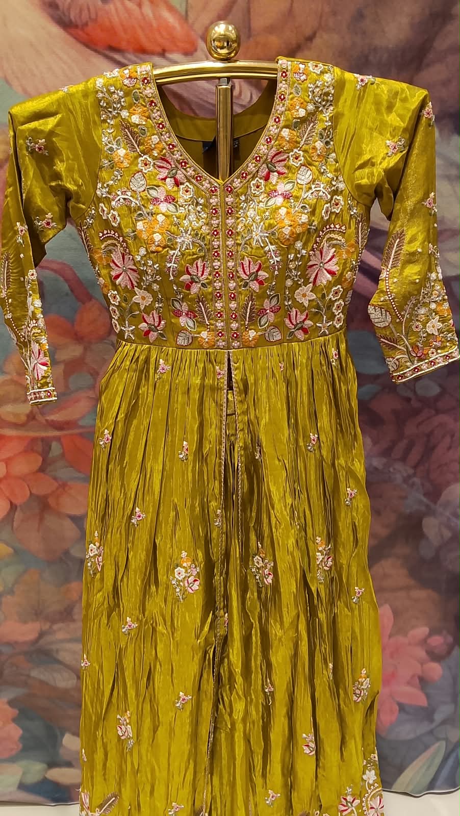 Olive Mustard Front-Slit Anarkali Kurta & Sharara Set