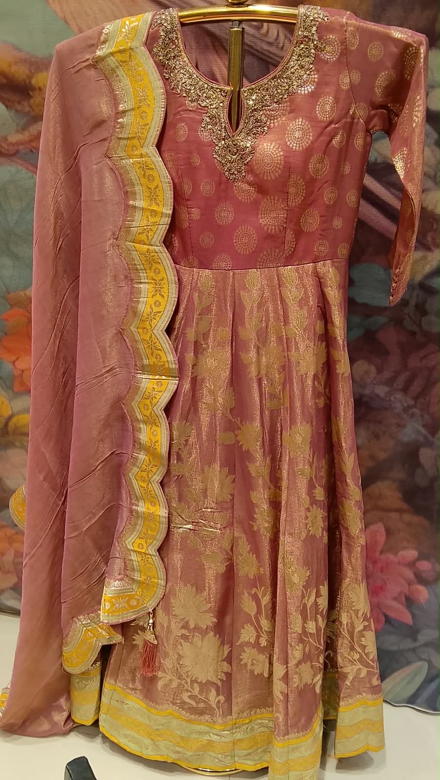 Rose-Gold & Ochre Brocade Anarkali Gown Set