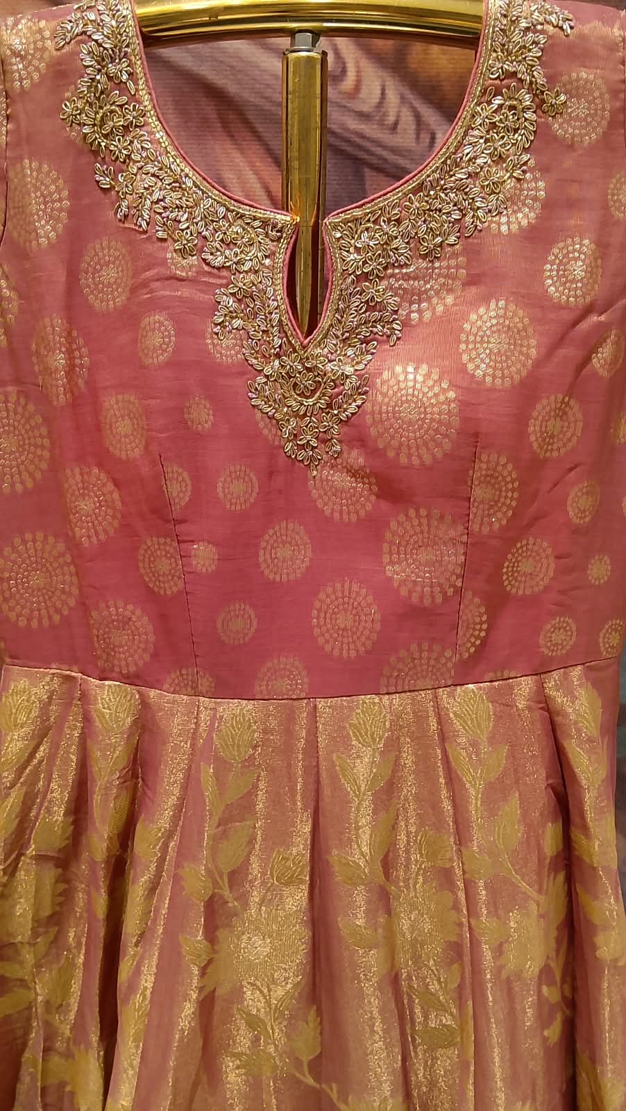 Rose-Gold & Ochre Brocade Anarkali Gown Set