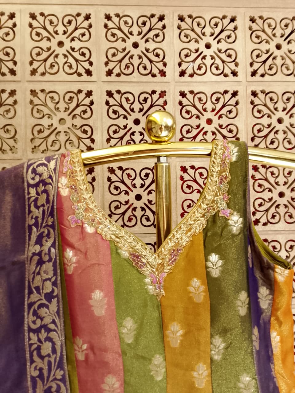 Multi-Color Banarasi Silk Paneled Anarkali Gown Set