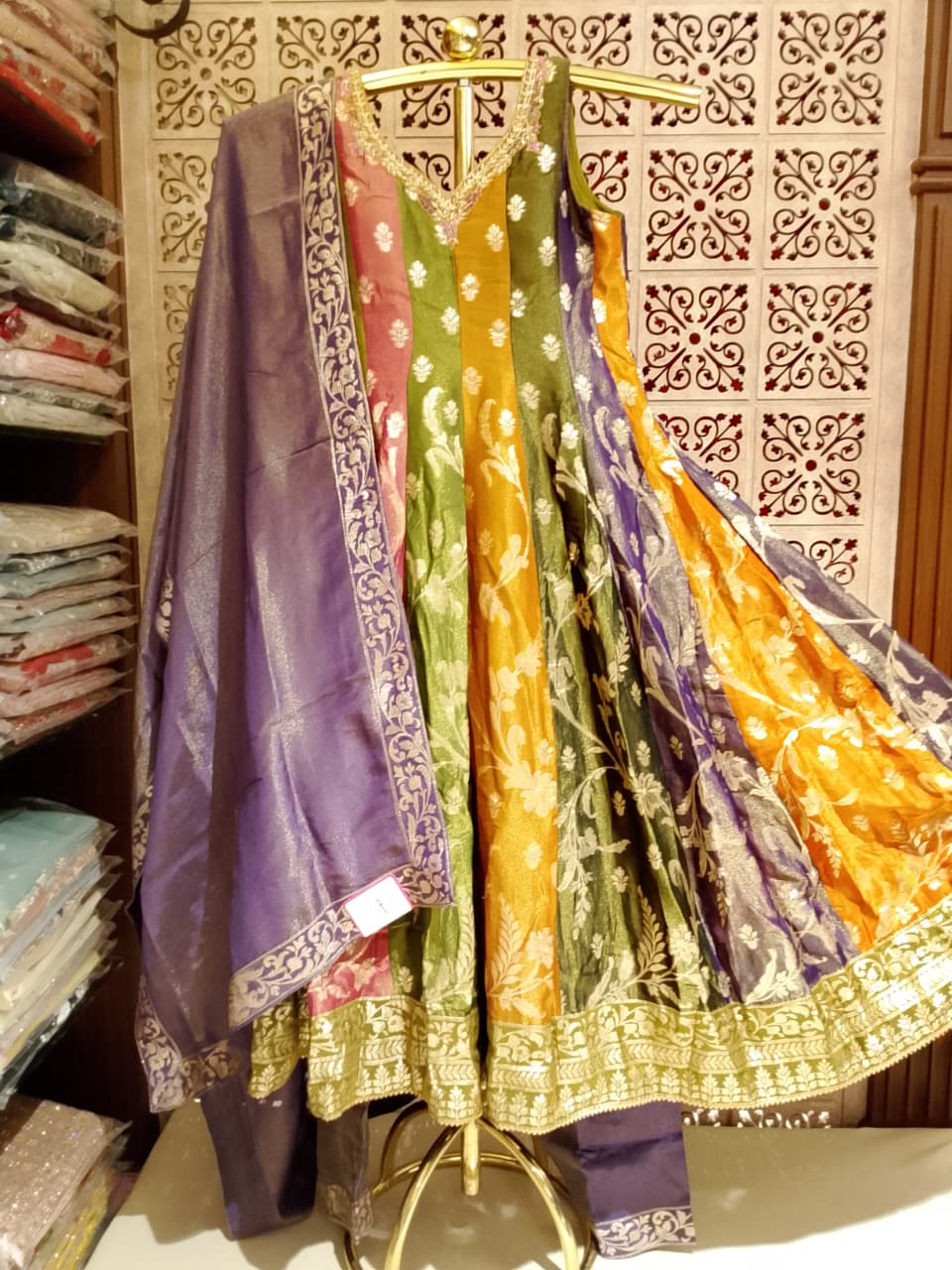 Multi-Color Banarasi Silk Paneled Anarkali Gown Set