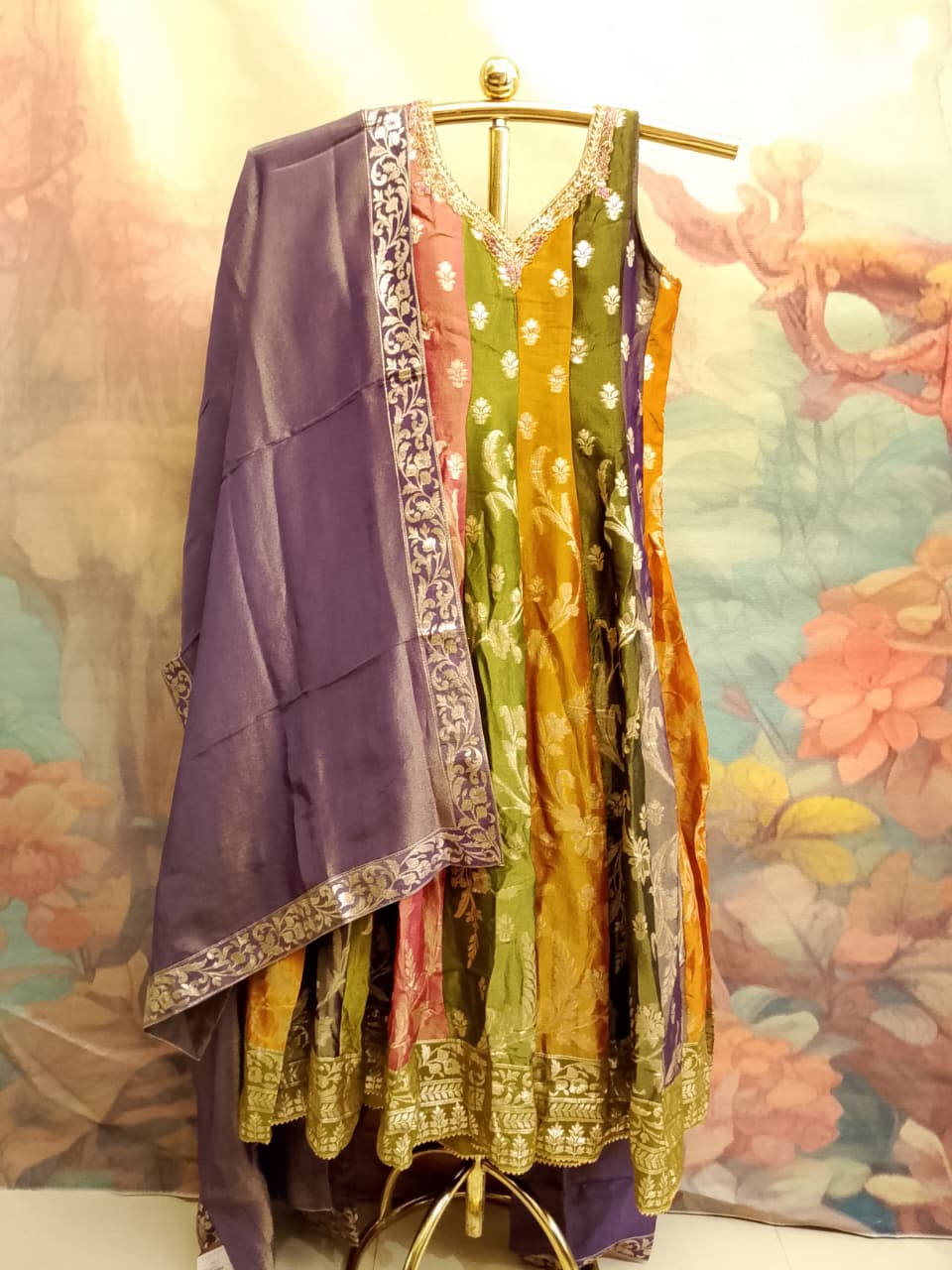 Multi-Color Banarasi Silk Paneled Anarkali Gown Set