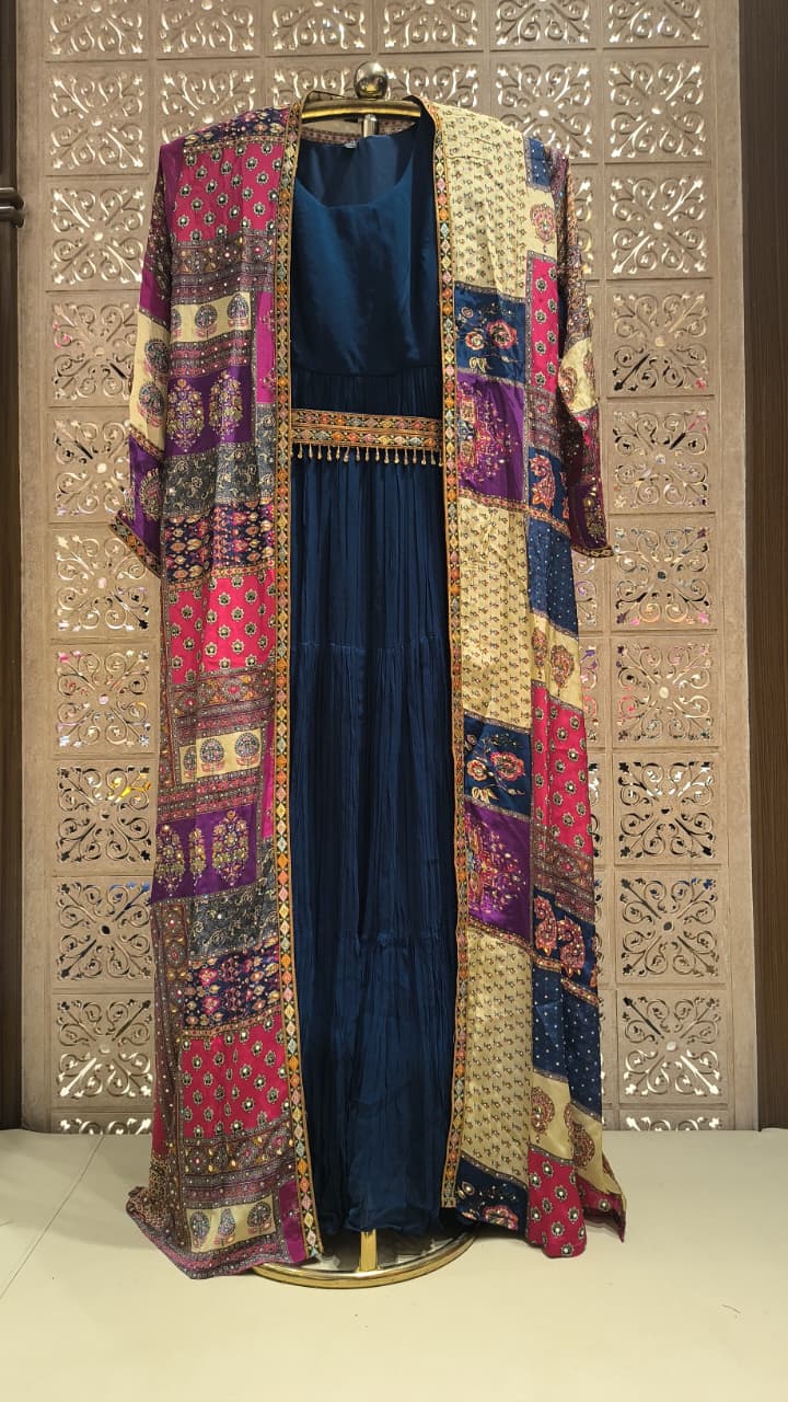 Teal Blue Tiered Gown with Multi-Color Patchwork Statement Jacket & Belt Set