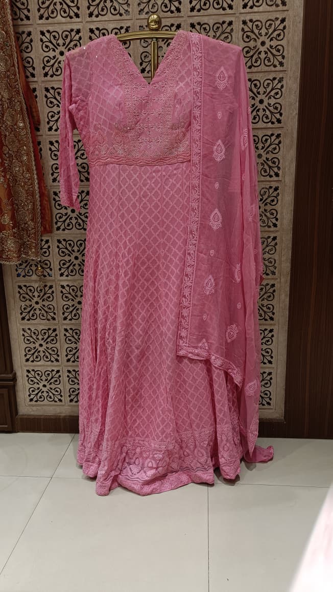Blush Pink Chikankari Self-Embroidered Anarkali Gown Set.