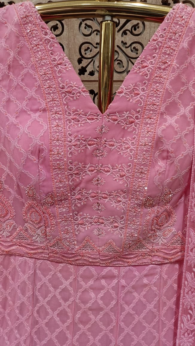 Blush Pink Chikankari Self-Embroidered Anarkali Gown Set.