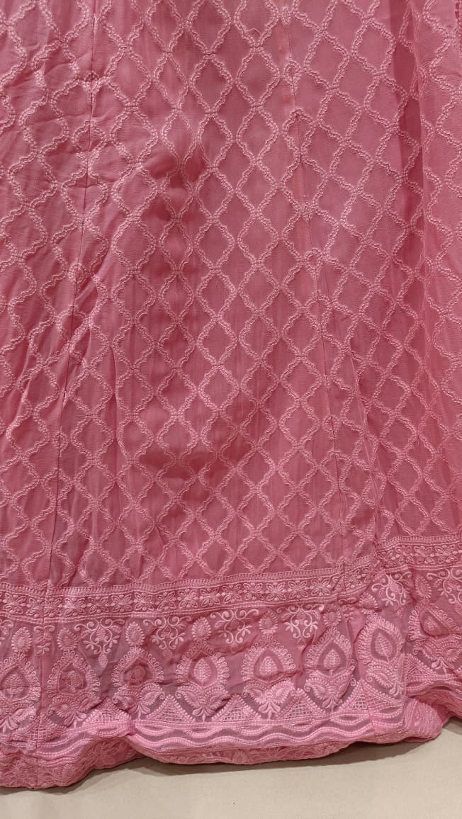 Blush Pink Chikankari Self-Embroidered Anarkali Gown Set.