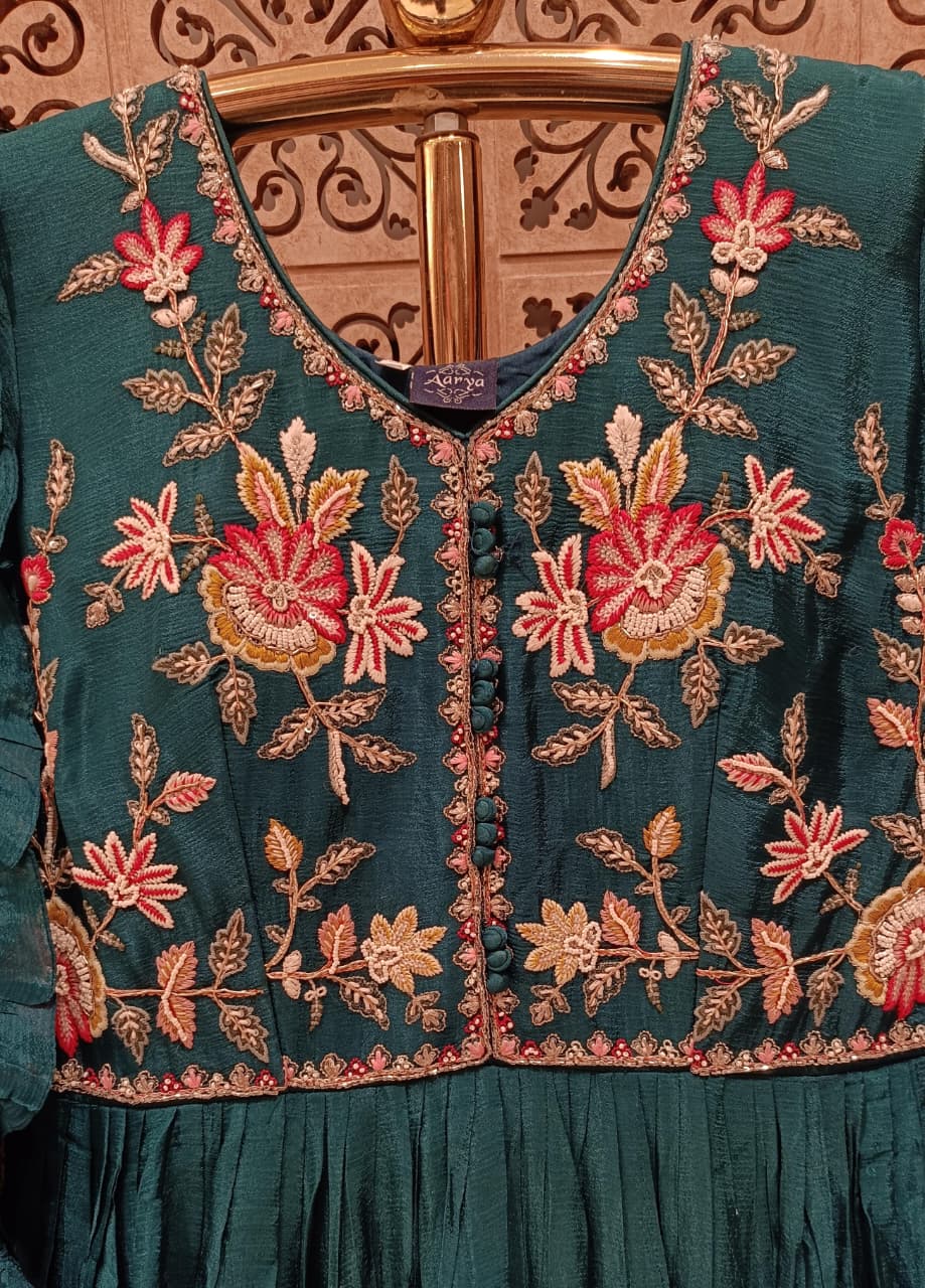 Emerald Green Floral Embroidered Crinkle Anarkali Gown Set