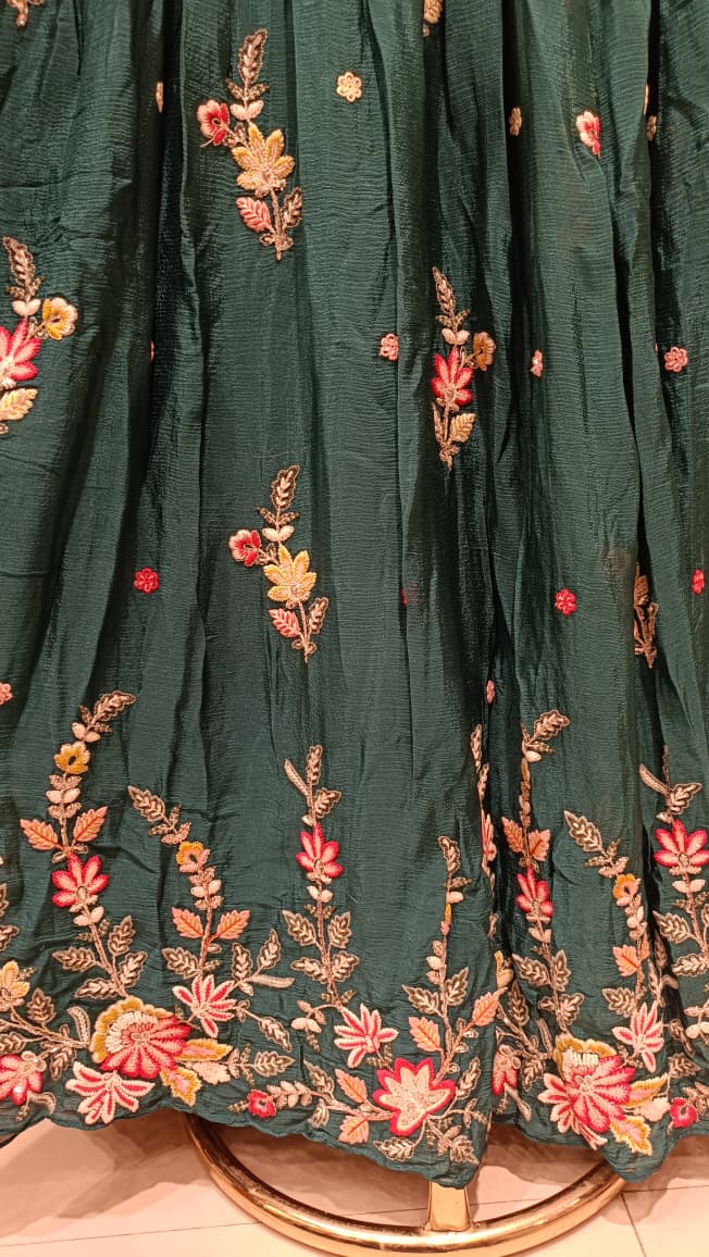 Emerald Green Floral Embroidered Crinkle Anarkali Gown Set
