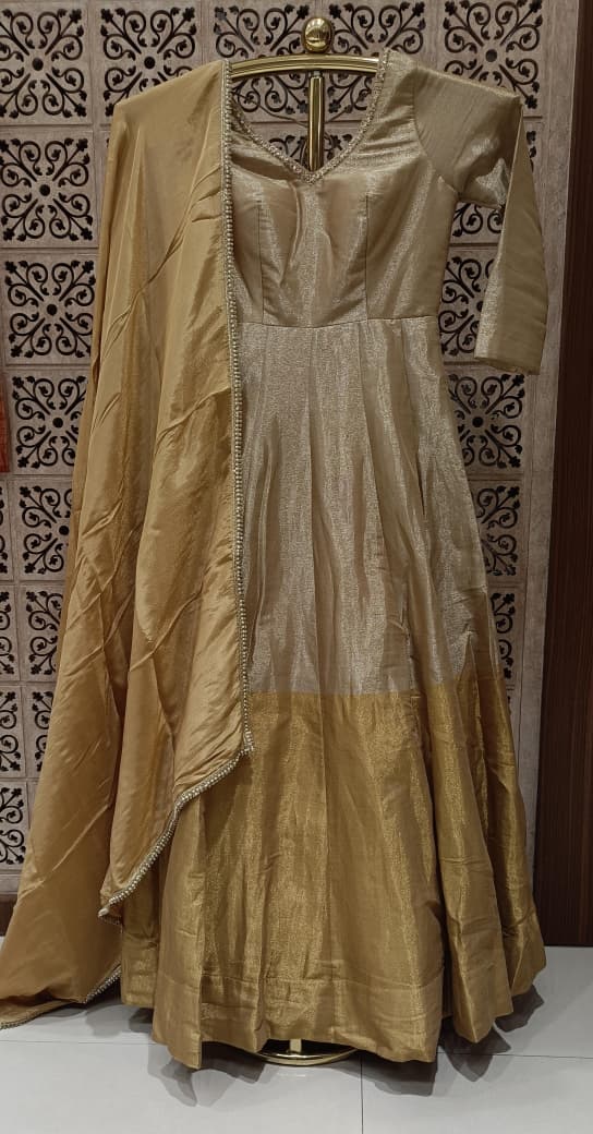 Champagne Gold Panel Metallic Anarkali Gown Set