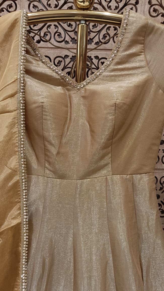 Champagne Gold Panel Metallic Anarkali Gown Set