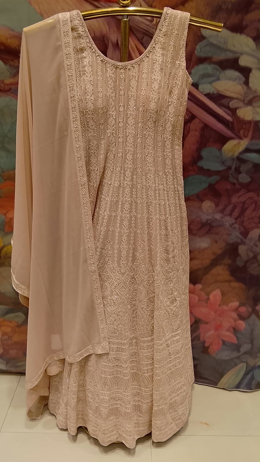 Dusty Peach Georgette Chikankari Anarkali Suit Set.