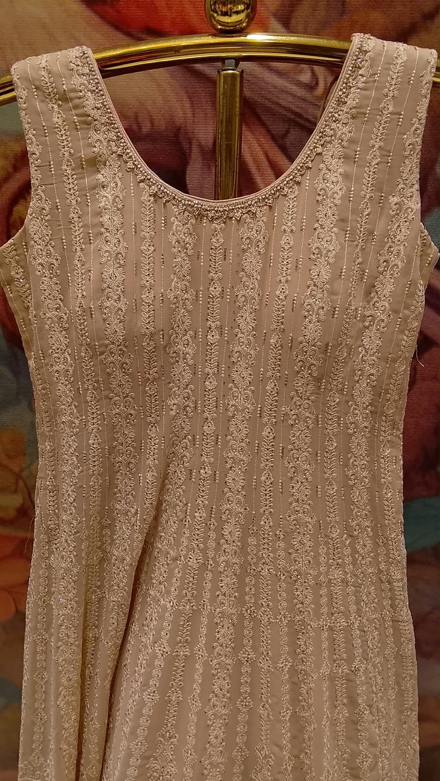 Dusty Peach Georgette Chikankari Anarkali Suit Set.