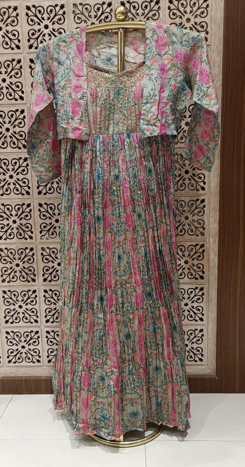 3-Piece Pastel Floral Printed Anarkali Set with Matching Shrug.