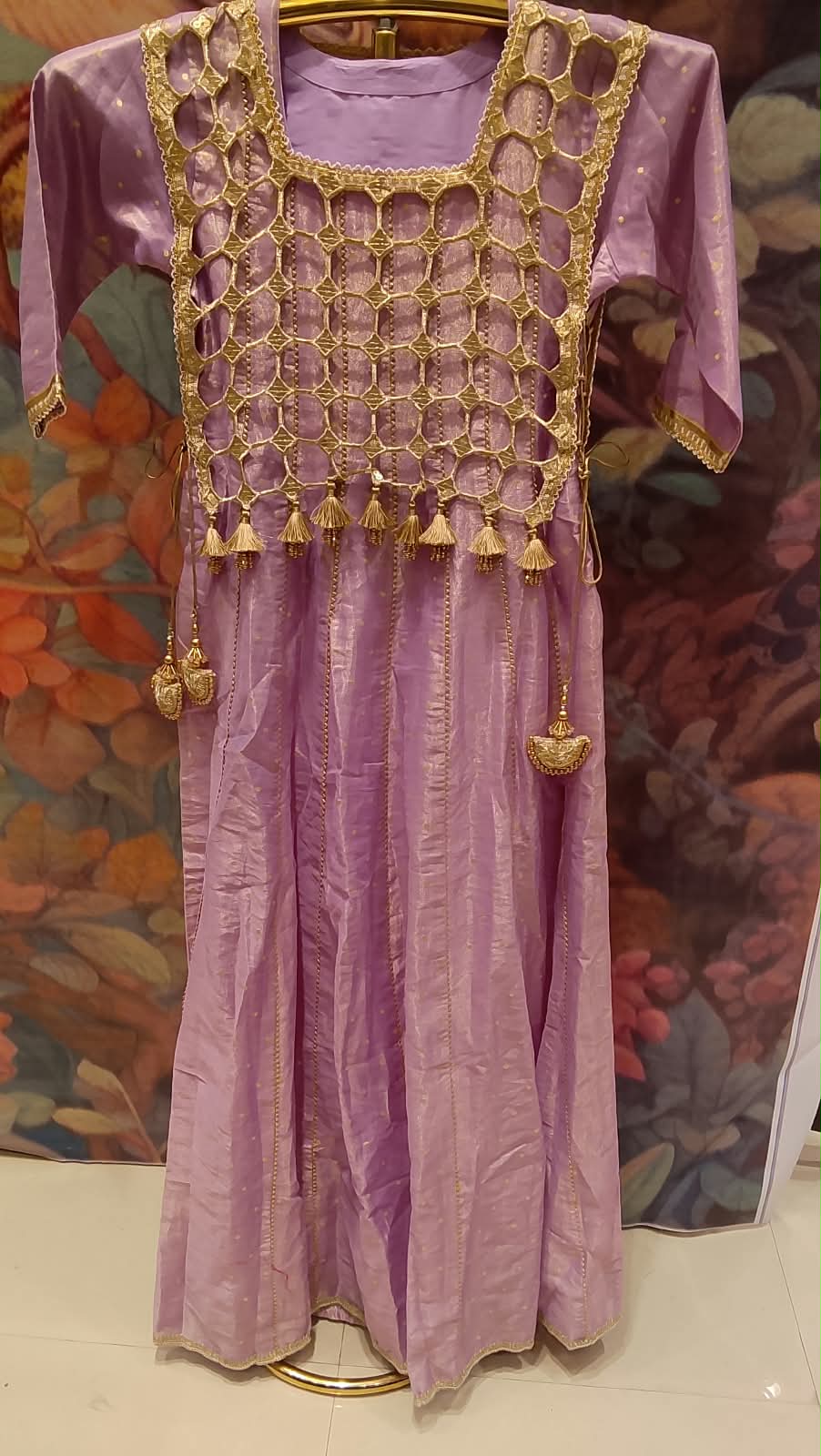Lavender Tissue Silk Anarkali Set with Detachable Gota Lattice Shrug