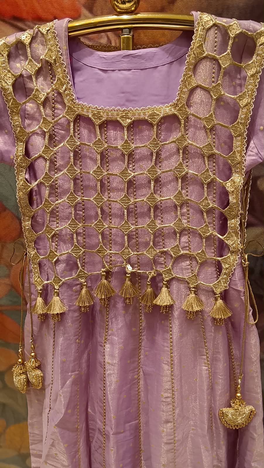 Lavender Tissue Silk Anarkali Set with Detachable Gota Lattice Shrug