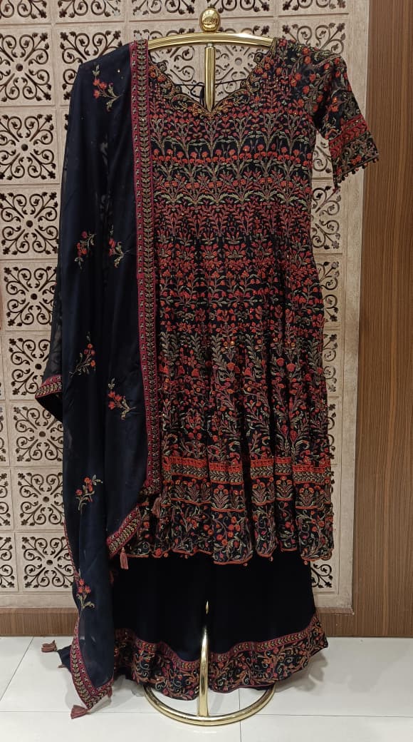 Midnight Black & Rust Floral Embroidered Sharara Set.
