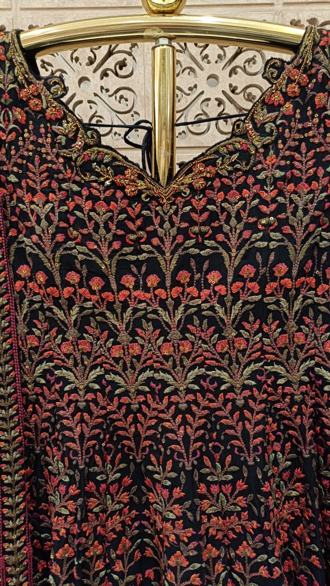 Midnight Black & Rust Floral Embroidered Sharara Set.