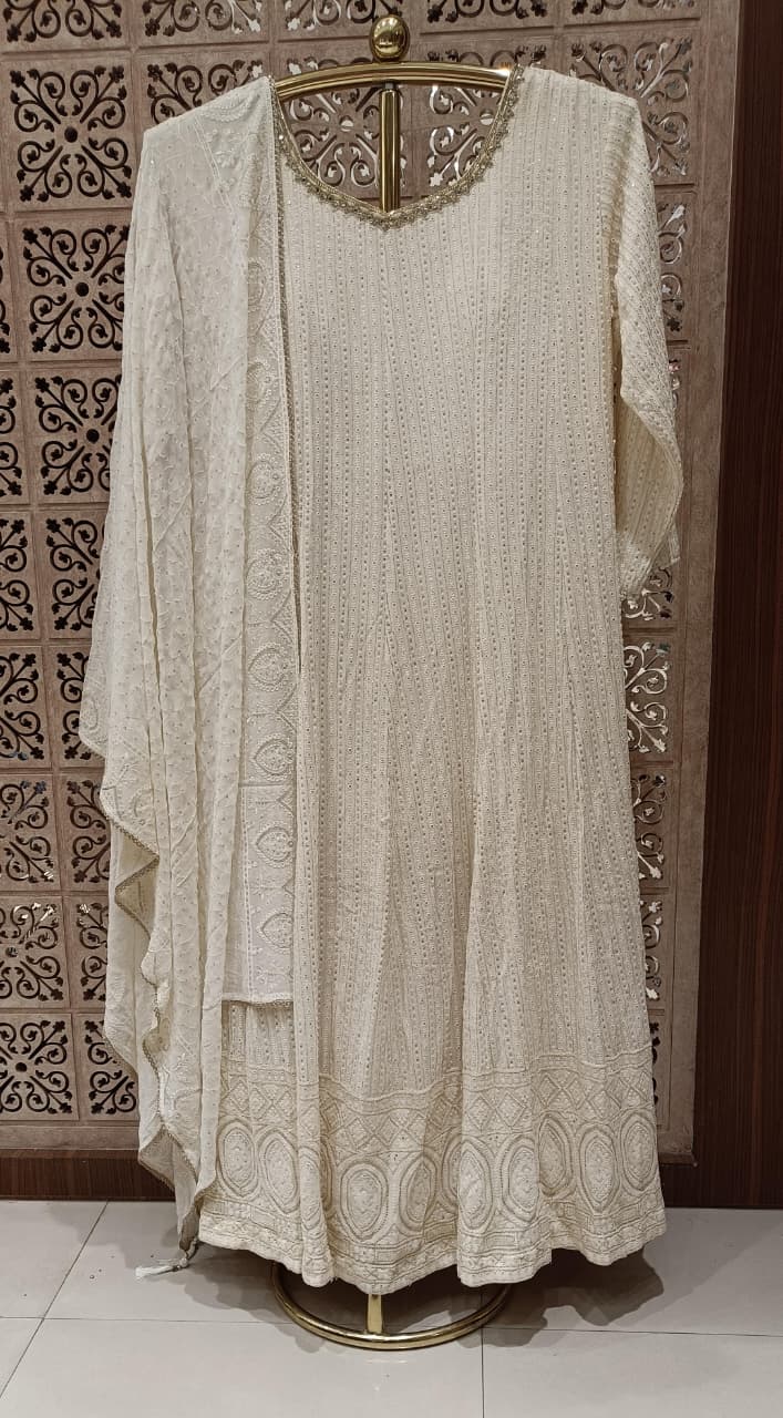 Ivory White Chikankari Anarkali Suit Set.