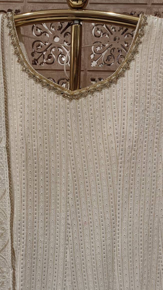 Ivory White Chikankari Anarkali Suit Set.