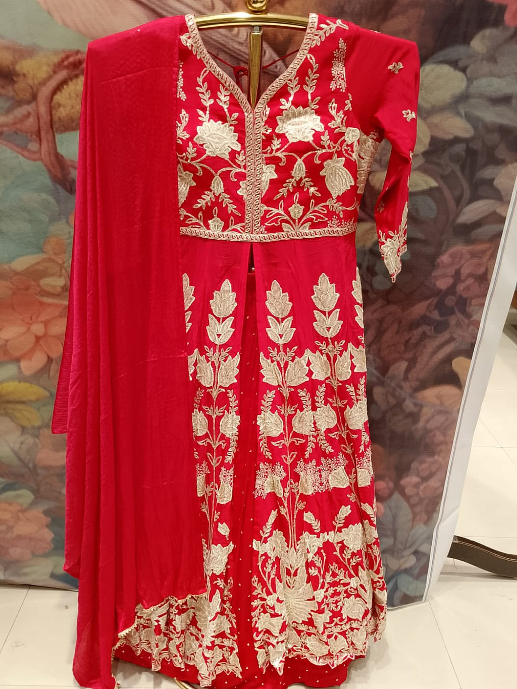 3-Piece Crimson Red Front-Slit Anarkali Lehenga Set.