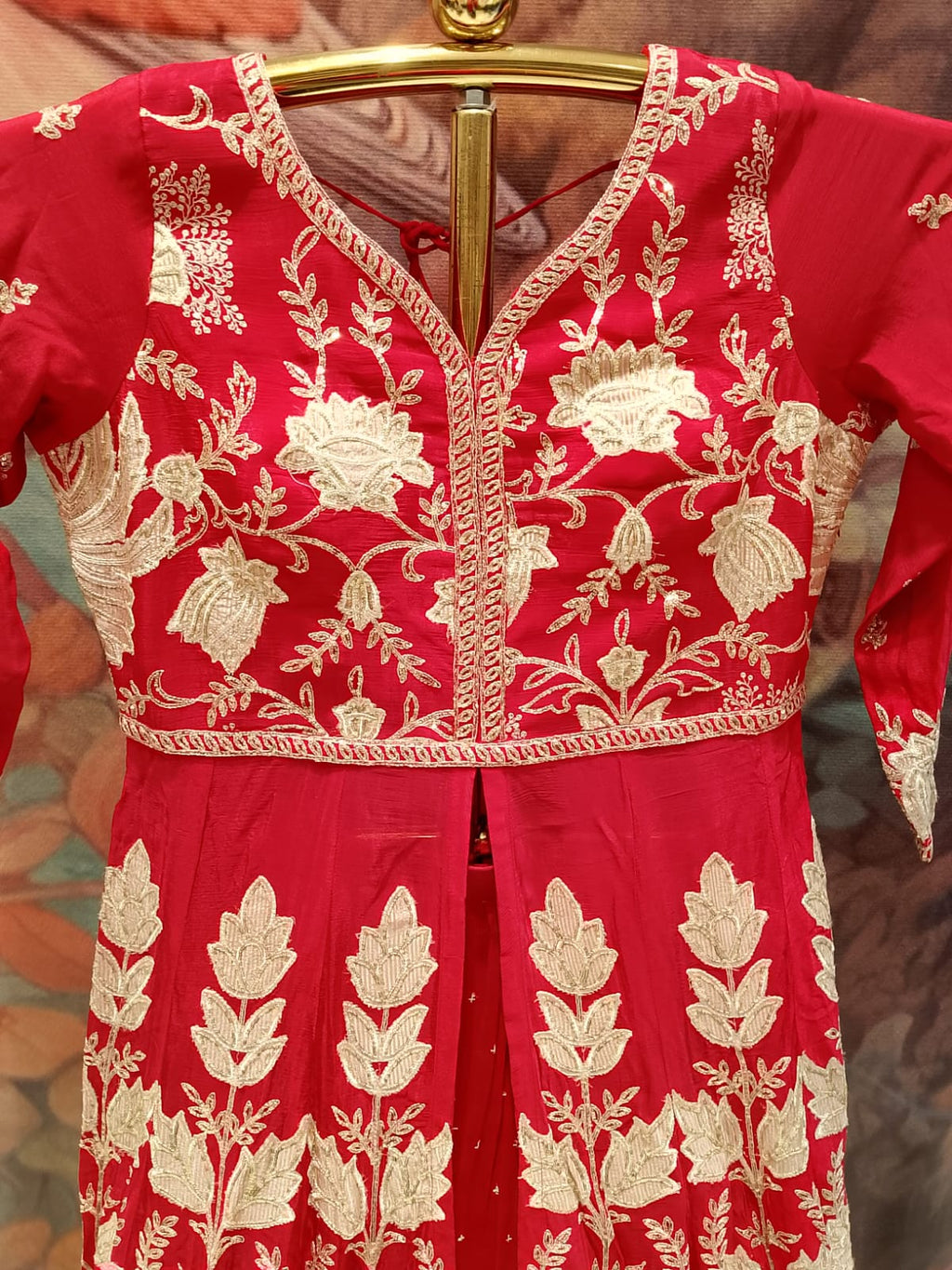 3-Piece Crimson Red Front-Slit Anarkali Lehenga Set.