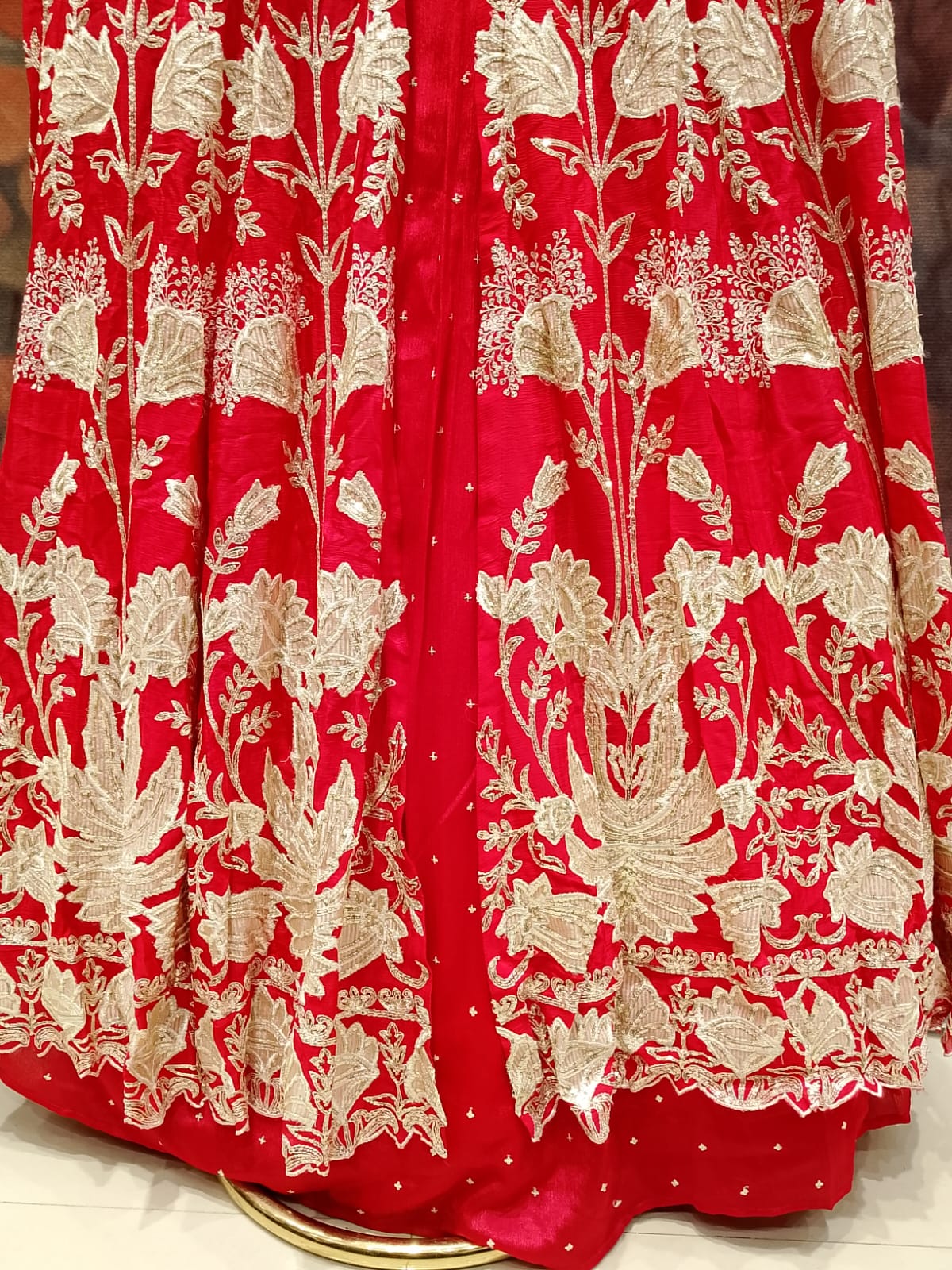 3-Piece Crimson Red Front-Slit Anarkali Lehenga Set.