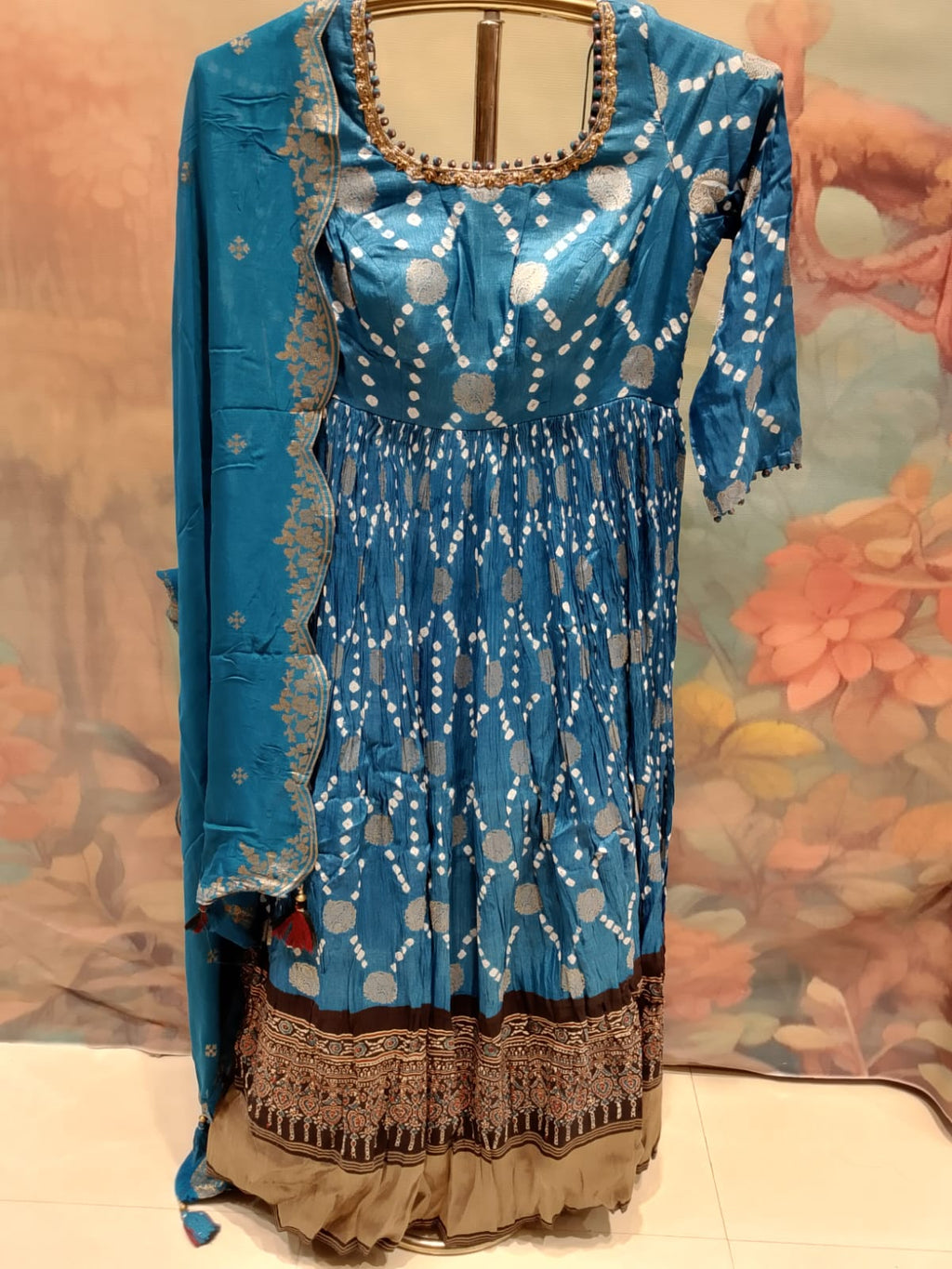 Peacock Blue Bandhani Print Crinkled Anarkali Gown Set.