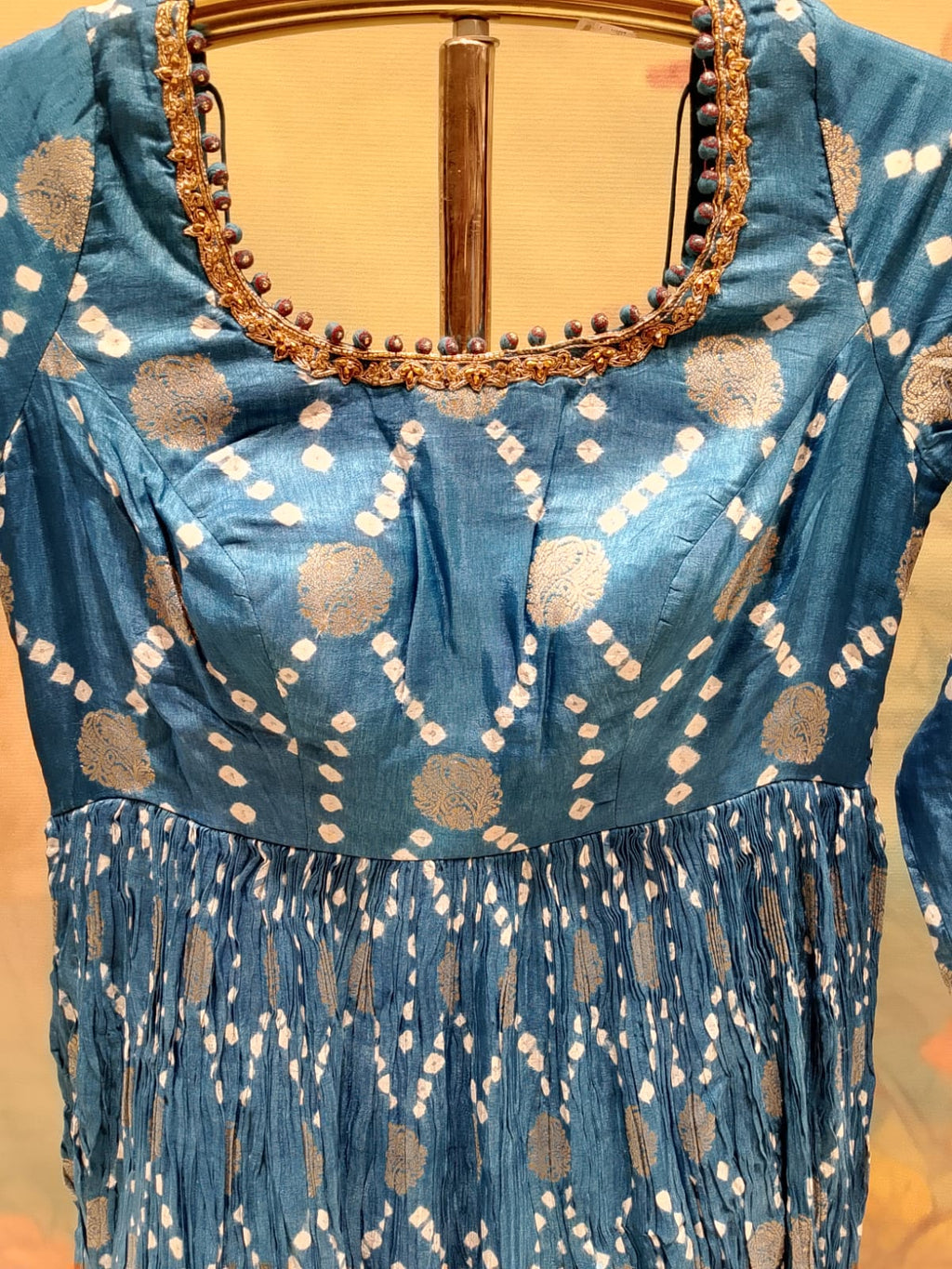 Peacock Blue Bandhani Print Crinkled Anarkali Gown Set.