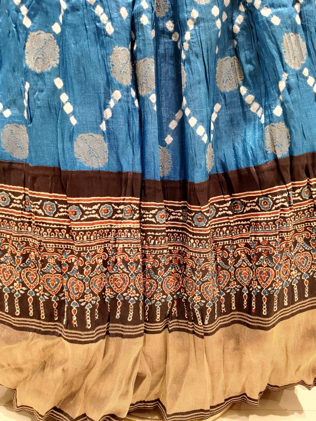 Peacock Blue Bandhani Print Crinkled Anarkali Gown Set.