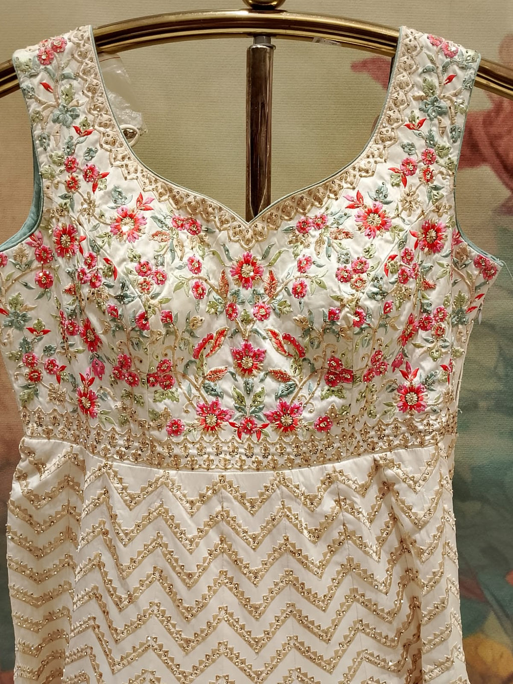 Off-White Floral Embroidered Zig-Zag Gota Anarkali Gown Set.